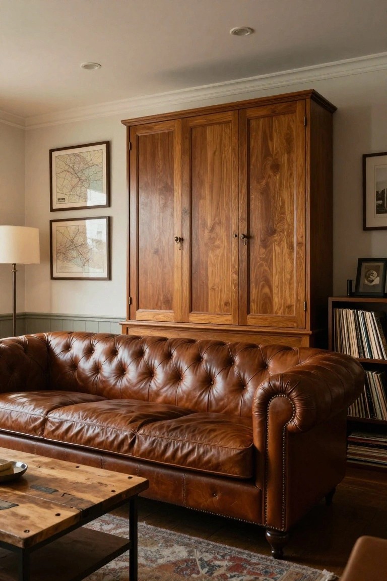 A cozy living room with a brown tufted leather Chesterfield sofa, tall wooden armoire, rustic wood coffee table, framed maps on walls, floor lamp, and vinyl record shelves.