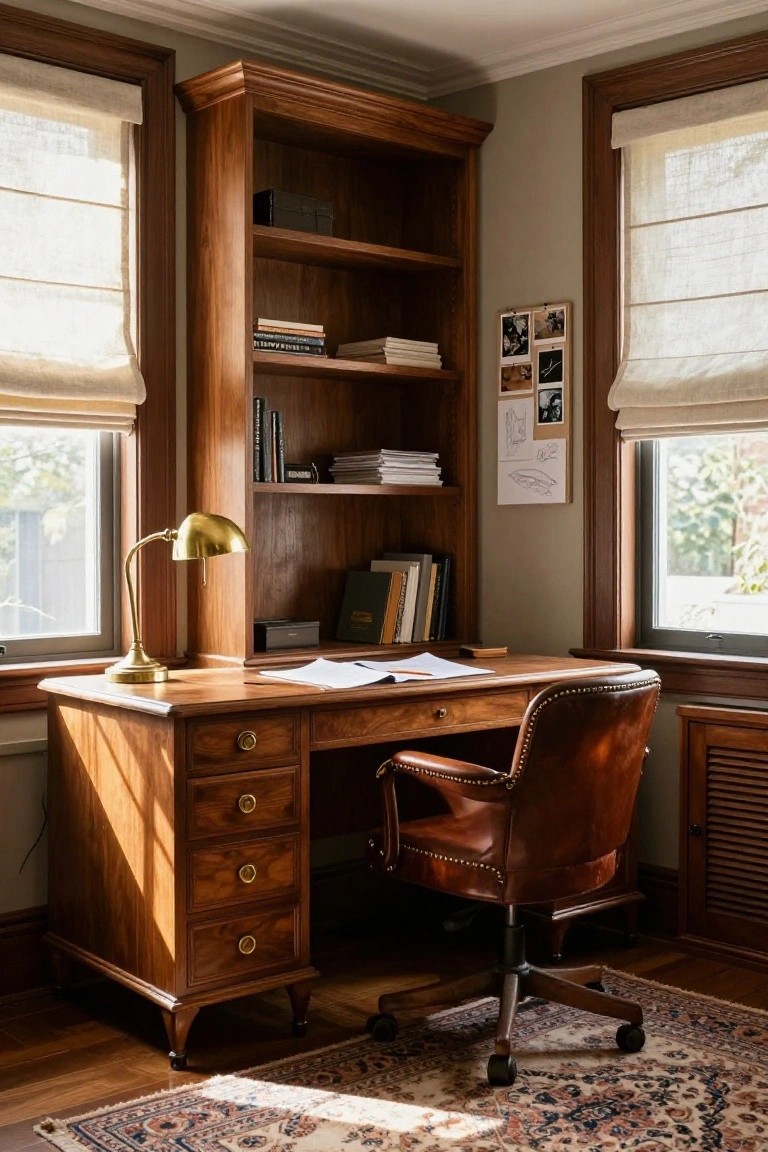 Tall wooden bookshelves next to a wooden desk with drawers, brass adjustable lamp, leather armchair on casters, papers on desk, windows with sheer shades, and Persian rug on wood floor in a study room.