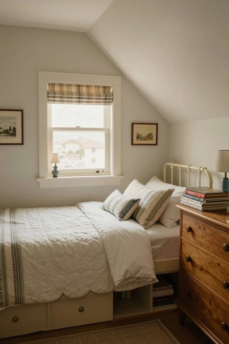 Small attic bedroom with sloped ceiling, single white metal bed with quilted white bedding and striped pillows, double-hung window with plaid roman shade, wooden dresser, and framed landscape prints on pale gray walls.