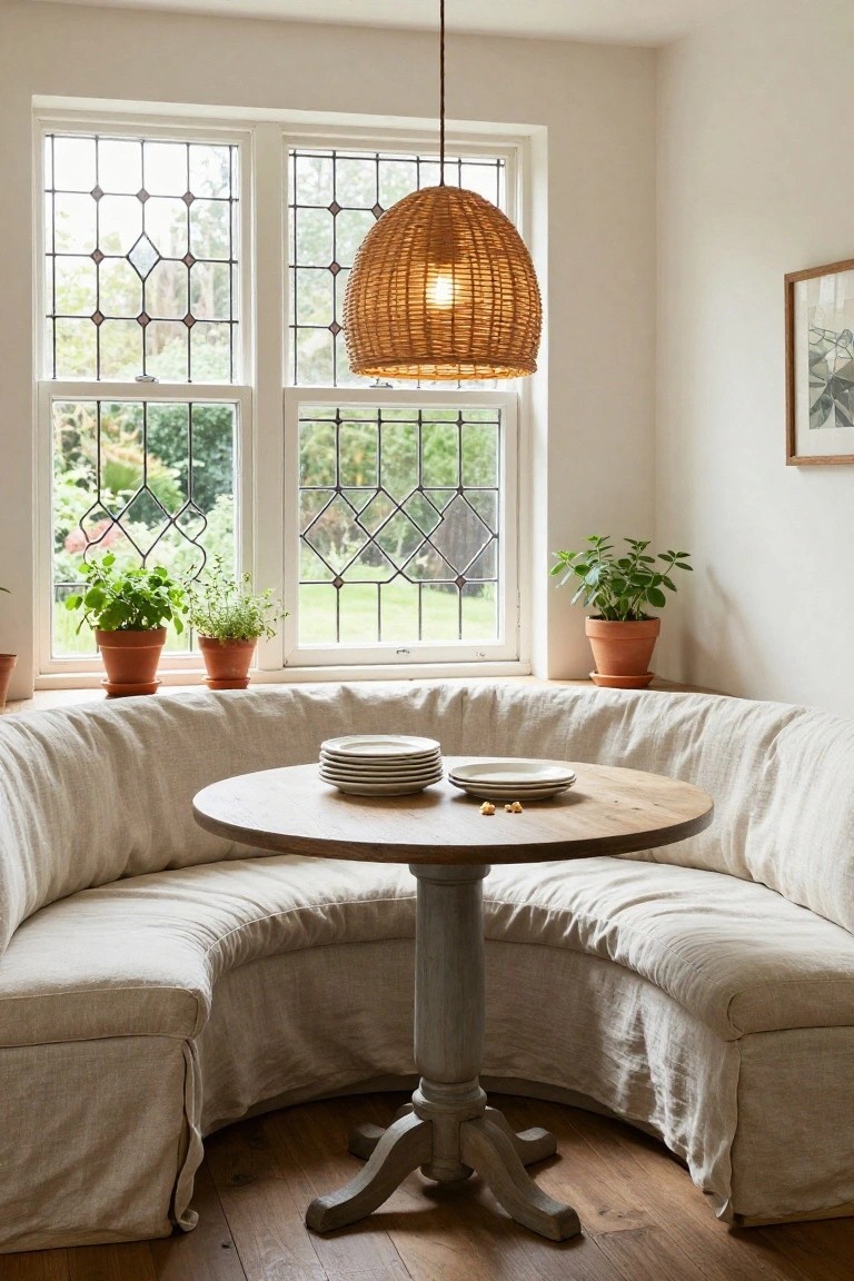 Curved linen-upholstered banquette seating around a round wooden table in a light-filled window nook with leaded glass windows, potted herbs, and a rattan pendant light.