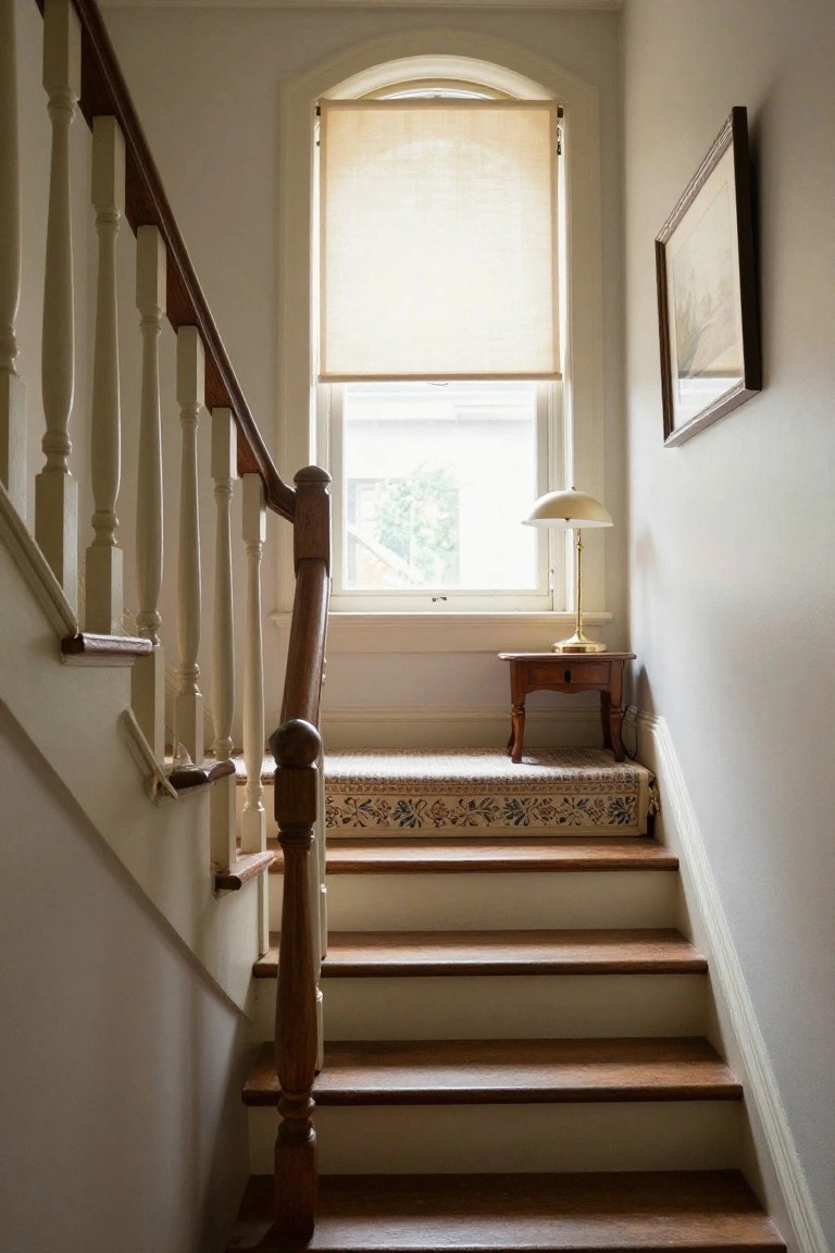 Vertical view of a traditional wooden staircase with white-painted balusters and dark handrail, an arched window with beige roller shade, a small wooden console table with brass lamp on the landing, and a patterned rug runner on the steps.