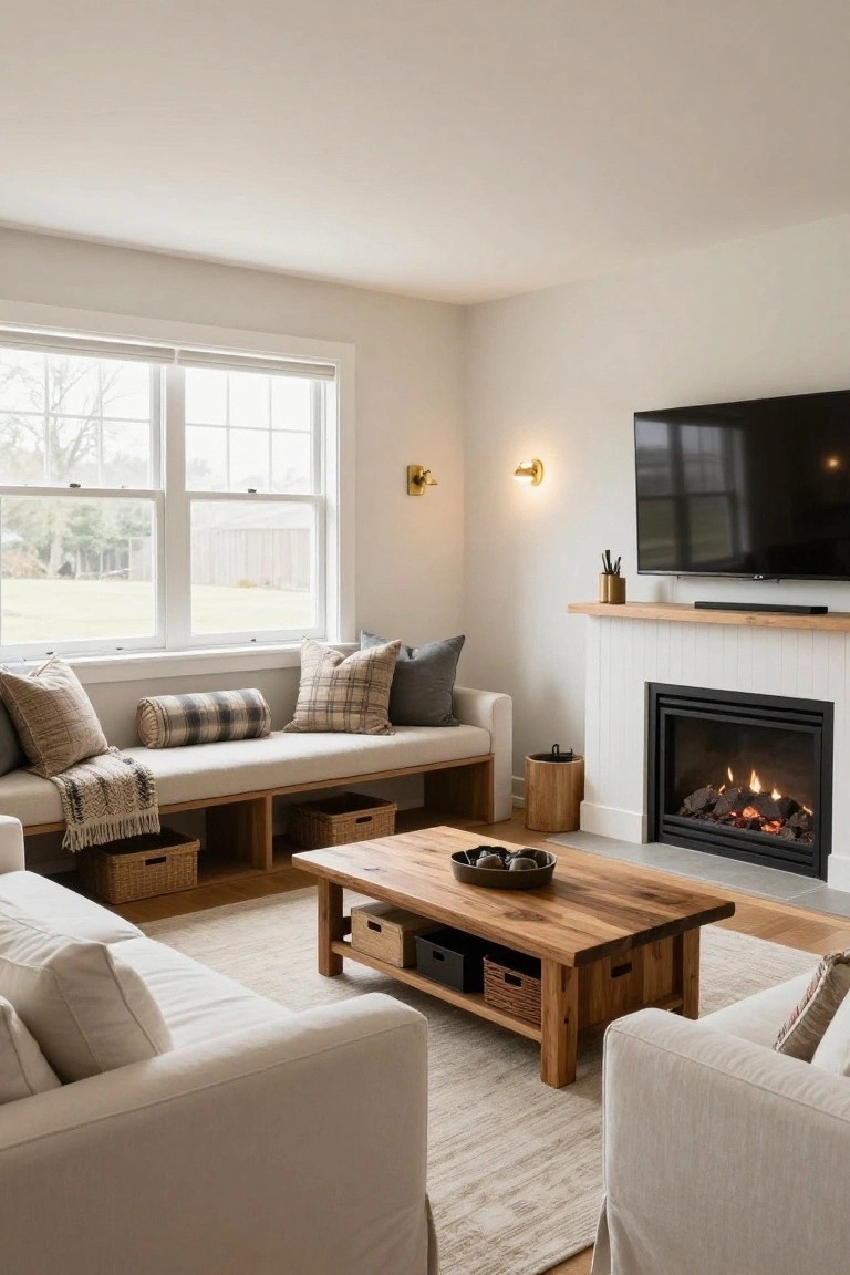 Living room with built-in white window bench piled with pillows and blankets, opposite a white shiplap gas fireplace, flanked by neutral sofas and a wooden coffee table on light floors.