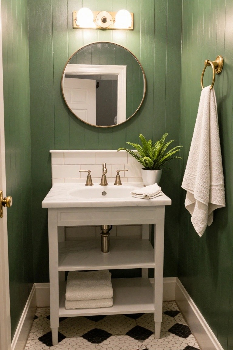 Small powder room with deep green vertical shiplap walls, white marble sink on wooden vanity, round gold mirror, gold sconces, hanging white towel, potted fern, and black-and-white checkered floor tile.