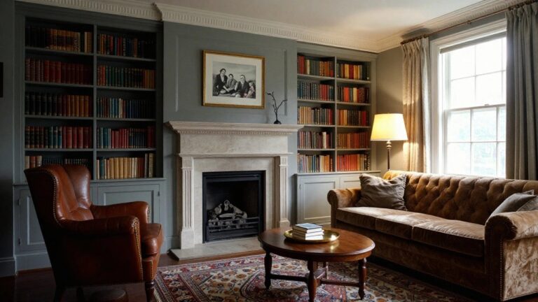 A traditional living room with sage green built-in bookshelves and cabinets flanking a white marble fireplace, two upholstered sofas and chairs, a round wooden coffee table on a patterned rug, family portraits above the mantel, and a table lamp on the right shelf unit.