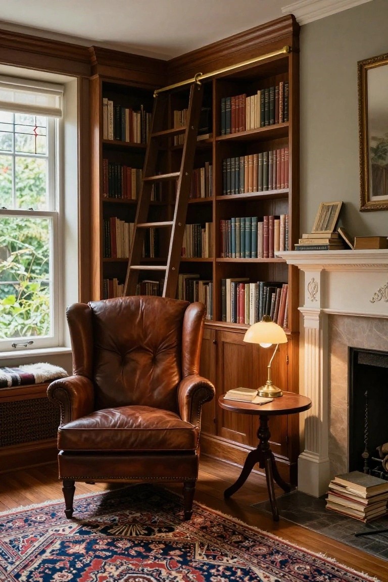 Wood-paneled library interior with tall bookshelves and rolling ladder, brown leather wingback armchair next to a round wooden table with lamp by a white fireplace, window, and patterned rug on hardwood floor.