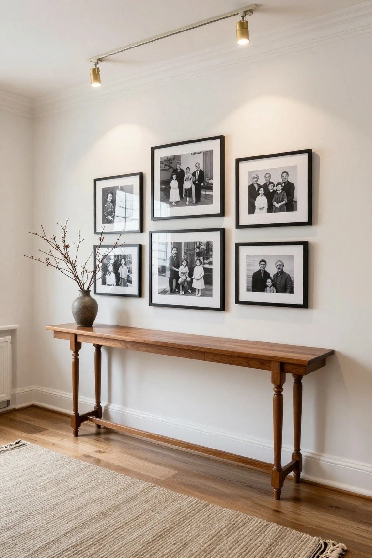 Wooden console table with turned legs and a gray stoneware vase holding branches against a white wall displaying six black-framed black-and-white family photos in a grid arrangement, lit by brass track spotlights, on oak floors with a neutral seagrass rug.