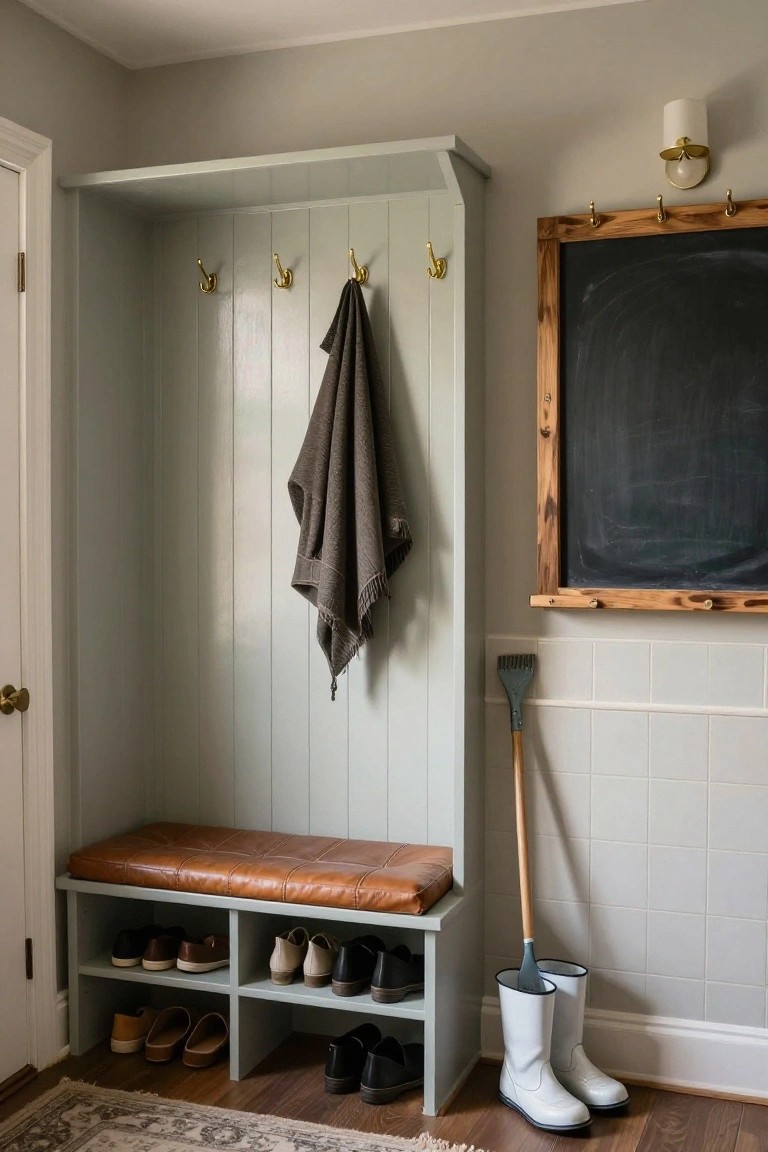 Sage green built-in mudroom cabinetry with brass hooks holding a gray towel, brown leather bench cushion over shoe cubbies containing various footwear, white rubber boots on the floor nearby, a wooden-framed chalkboard on the wall, and a green squeegee propped against white tiled wall.