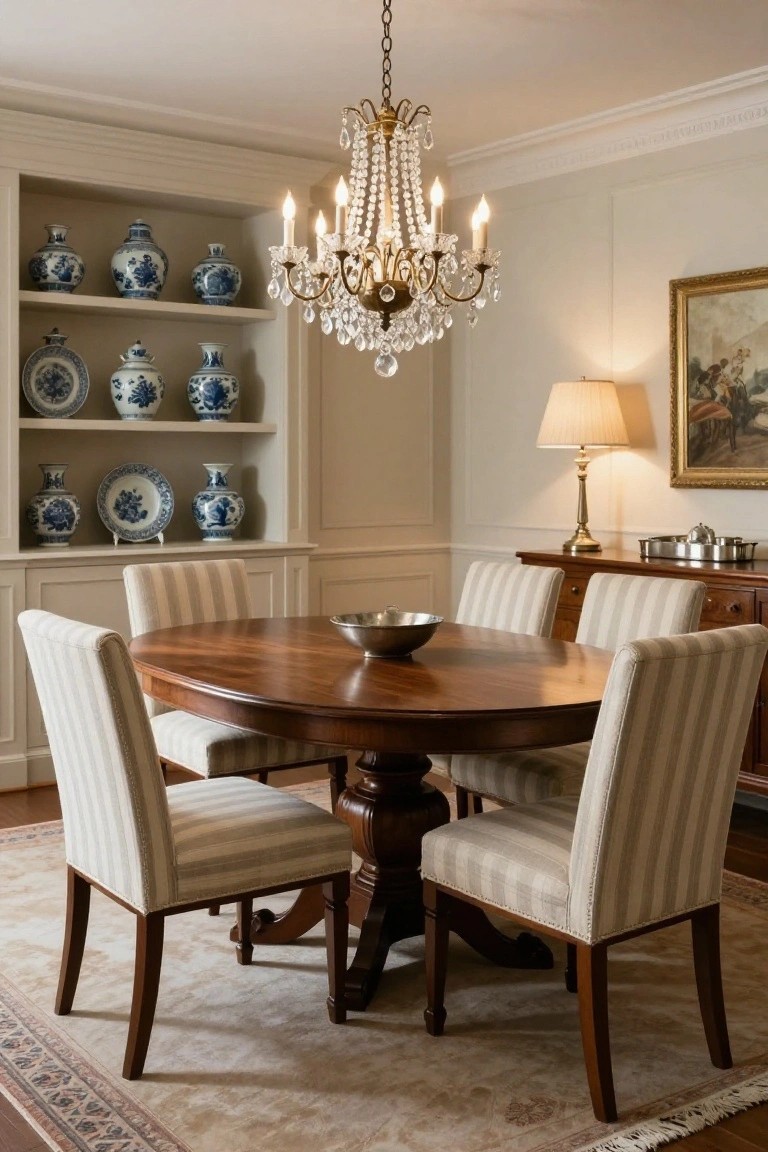 Traditional dining room with built-in open shelves displaying blue and white porcelain vases and plates, a round wooden pedestal table, cream striped upholstered chairs, crystal chandelier, table lamp, and sideboard on beige walls with wood flooring and rug.