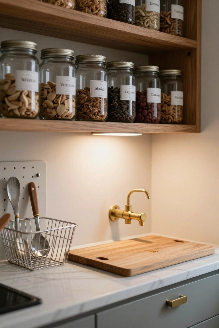 Kitchen counter with marble surface, wooden cutting board, wire basket holding utensils near brass wall faucet, and open wooden shelves above stocked with labeled glass jars of nuts, seeds, beans, and grains.