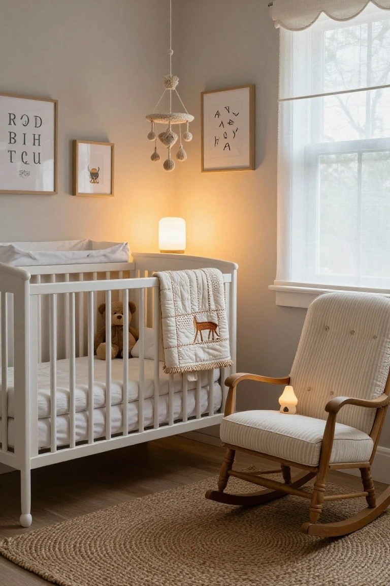 Light gray nursery room with white crib containing teddy bear and deer quilt, beige striped rocking chair with ceramic lamp, macrame mobile overhead, framed posters on walls, jute rug on wood floor, and soft diffused lighting.