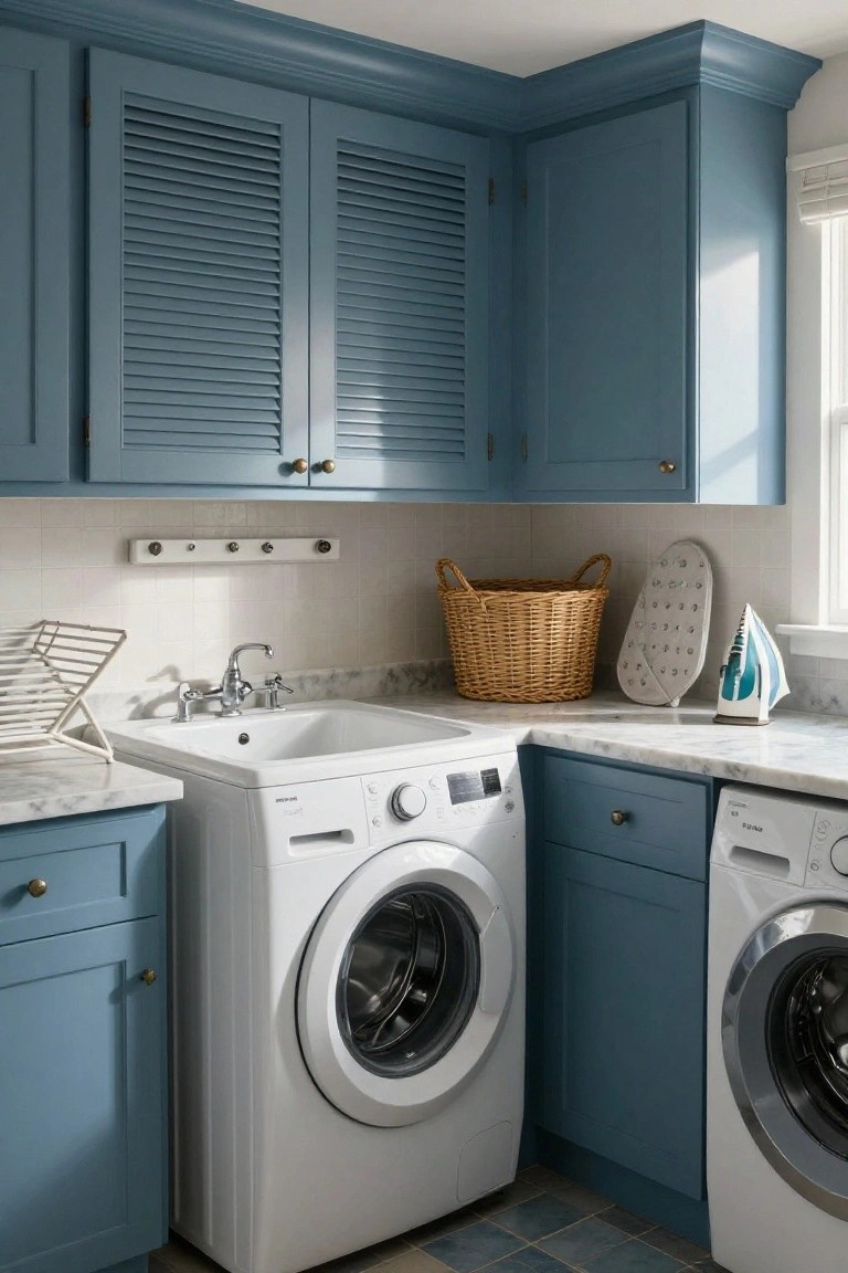 Corner laundry room with navy blue shaker cabinets featuring louvered upper doors, white front-loading washer and dryer, marble countertop utility sink, drying rack, iron, and wicker basket.