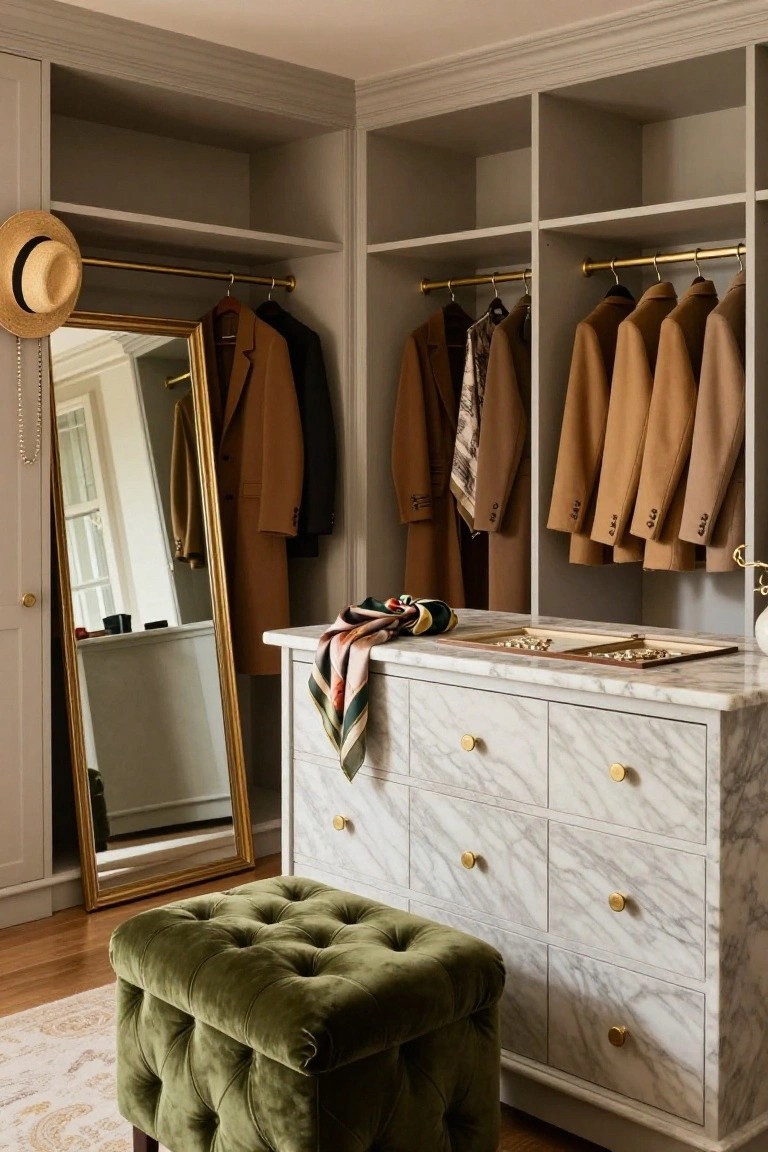 Corner walk-in closet with gray built-in wardrobes holding coats and clothes on hangers, gold-framed full-length mirror, white marble dresser with drawers and gold knobs, colorful scarf, jewelry tray, and green velvet ottoman on wood floor with rug.