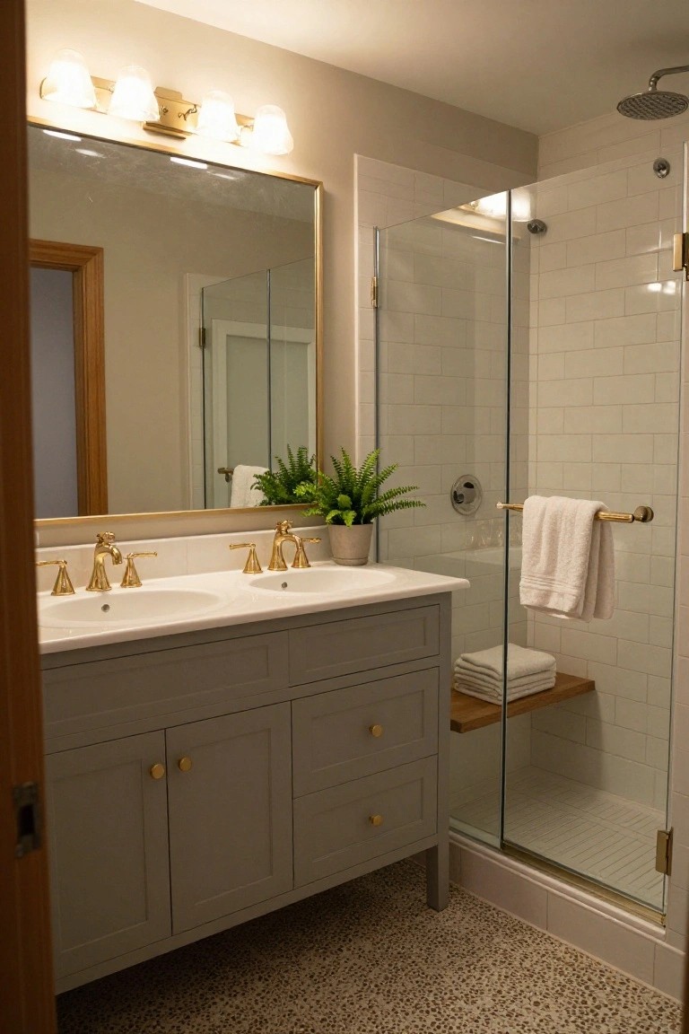 A traditional bathroom with a gray double vanity topped by two white sinks and brass faucets, a large gold-framed mirror, potted ferns, and an adjacent glass shower enclosure featuring white subway tiles, a wooden bench, and stacked white towels.