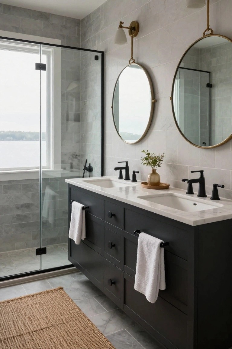 Modern bathroom with black double vanity topped by white sinks, two round gold-framed mirrors above, gray subway tile walls and floor, glass shower enclosure with lake view through window, gold sconces, and seagrass rug.