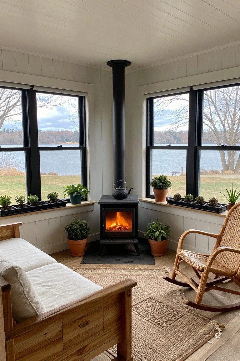 Corner interior room with white shiplap walls, tall black freestanding wood stove with fire burning and teakettle on top, plants on wide windowsills overlooking a lake through black-framed windows, wooden daybed, rattan rocking chair, and woven rug on wood floor.