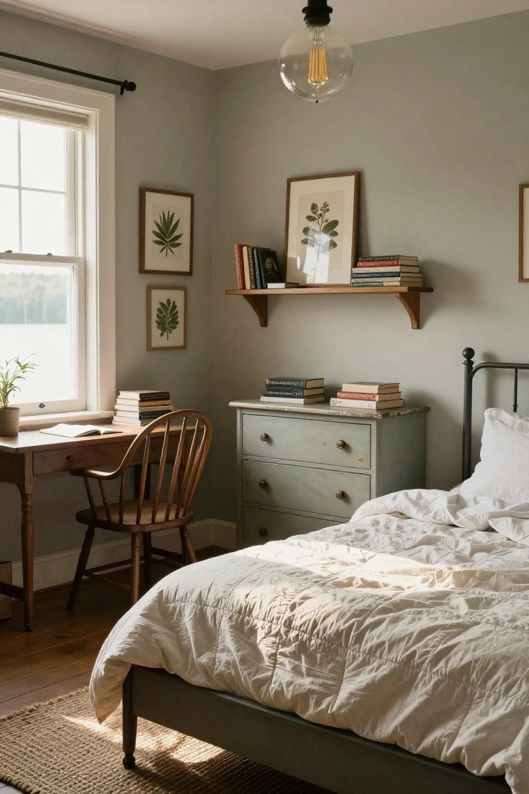 A light-filled bedroom with pale gray walls, wooden desk and chair, pale dresser, iron bed with white quilted bedding, floating wooden shelves with books and framed botanical prints, and a window showing a lake view.