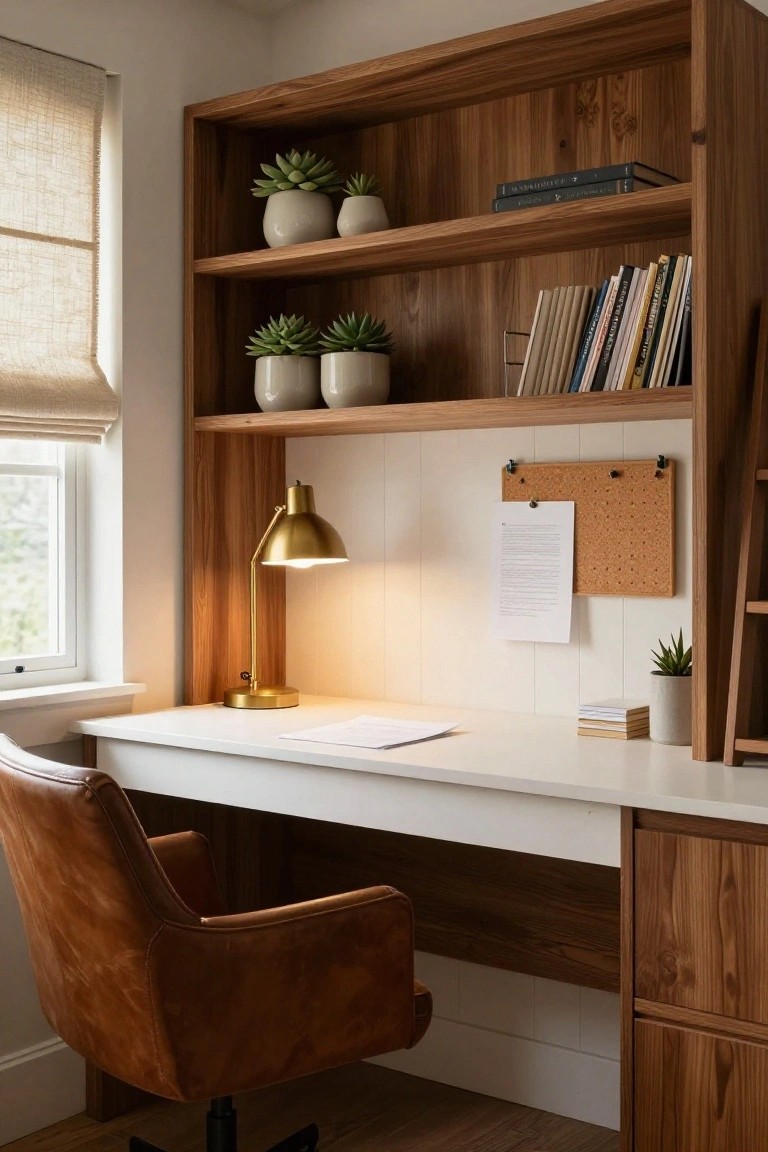 Home office nook with tall walnut wood open shelving and cabinets framing a white desk topped with papers and a gold desk lamp, brown leather swivel chair, cork bulletin board, potted plants, and stacked books.