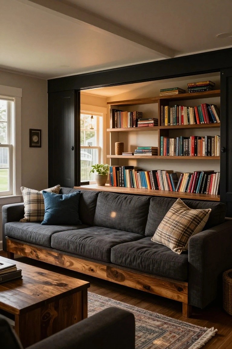 Gray three-seater sofa with plaid and blue pillows in front of wooden built-in bookshelves framing an open window alcove in a light gray living room with wood coffee table and patterned rug.