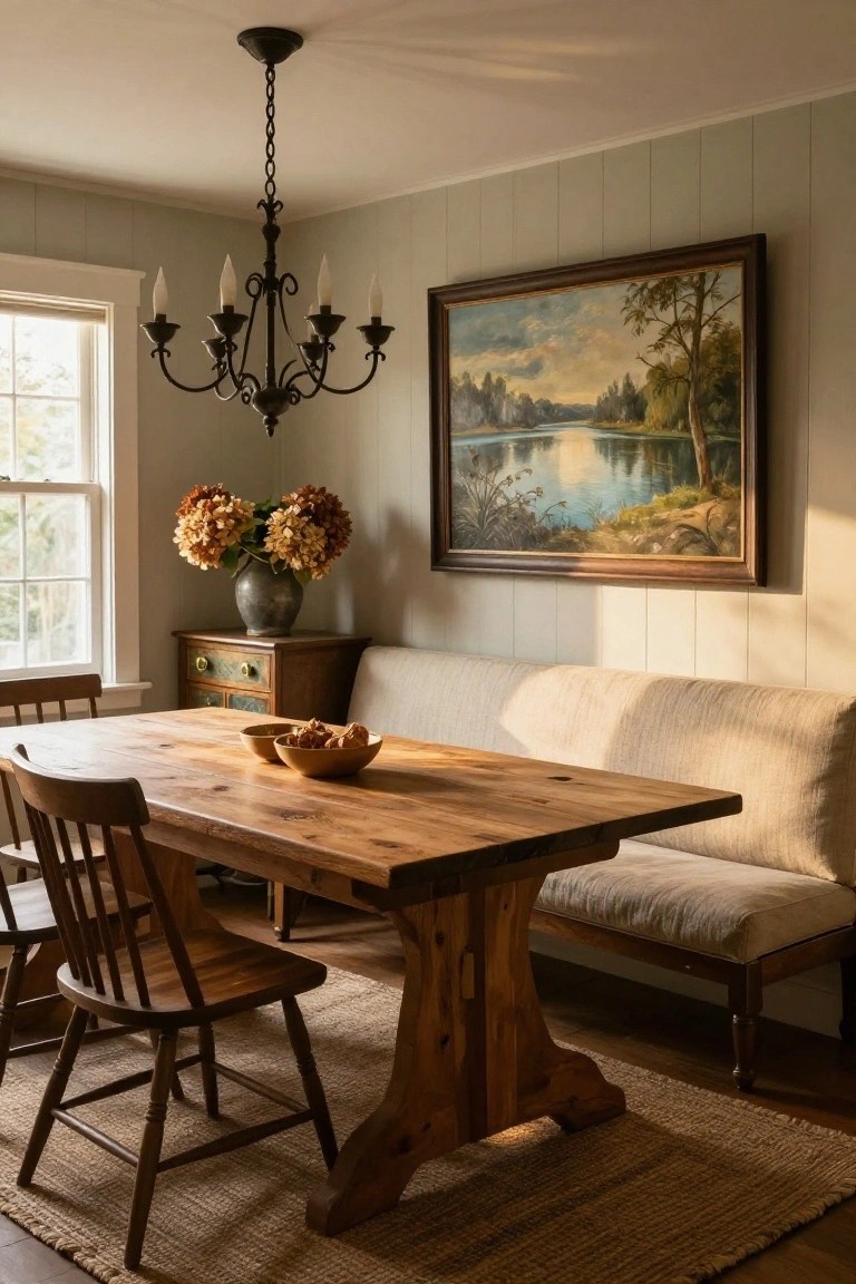 Interior dining area with a rustic wooden trestle table, linen-covered bench seating along one side, wooden chairs on the other sides, black metal chandelier overhead, landscape painting on pale green shiplap wall, vase of flowers on side table, and window light.