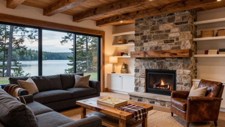 Living room interior with tall fieldstone fireplace, wooden ceiling beams, built-in white bookshelves, gray L-shaped sofa with plaid throw, leather armchair, wooden coffee table, jute rug, and large black-framed windows overlooking a lake and trees.