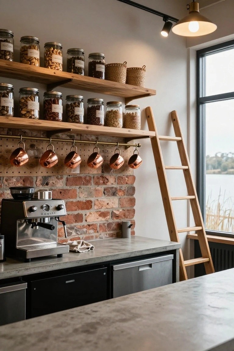 Modern kitchen with polished concrete countertops, silver espresso machine, hanging copper mugs on a pegboard above exposed brick wall, wooden open shelves filled with glass jars of nuts and grains, leaning wooden ladder, and large window overlooking a lake.