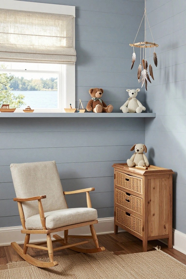 Corner of a light blue shiplap nursery with beige upholstered wooden rocking chair, wooden dresser with rattan drawers holding stuffed dog toy, shelves with stuffed bears and toy boats on windowsill overlooking lake, feather dreamcatcher mobile overhead.