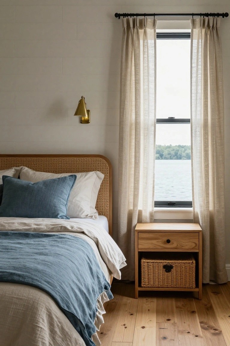 Bedroom interior with beige rattan headboard on a bed dressed in white sheets and blue linen throw, wooden nightstand holding a wicker basket, sheer curtains on window showing lake view, white shiplap walls, brass wall sconce, and hardwood floors.