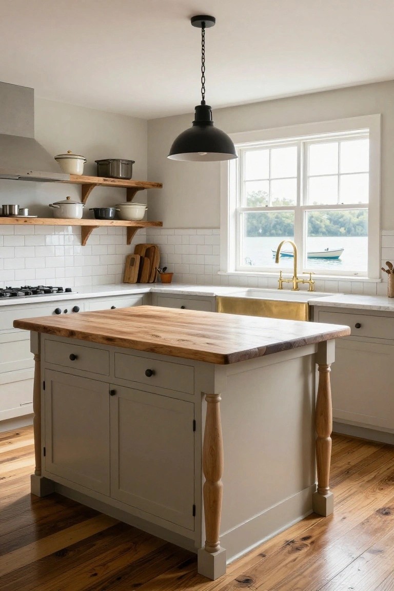 A modern farmhouse kitchen with a freestanding gray island on turned wood legs and butcher block top, white subway tile backsplash, open wood shelves with pots, stainless cooktop, and a window showing a lake and boat.