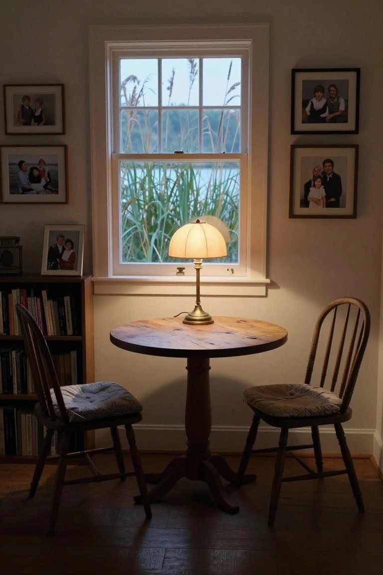 A small round wooden pedestal table with two ladder-back chairs sits by a large multi-pane window overlooking reeds and water in a light-filled room with bookshelves, family photos, and a table lamp.