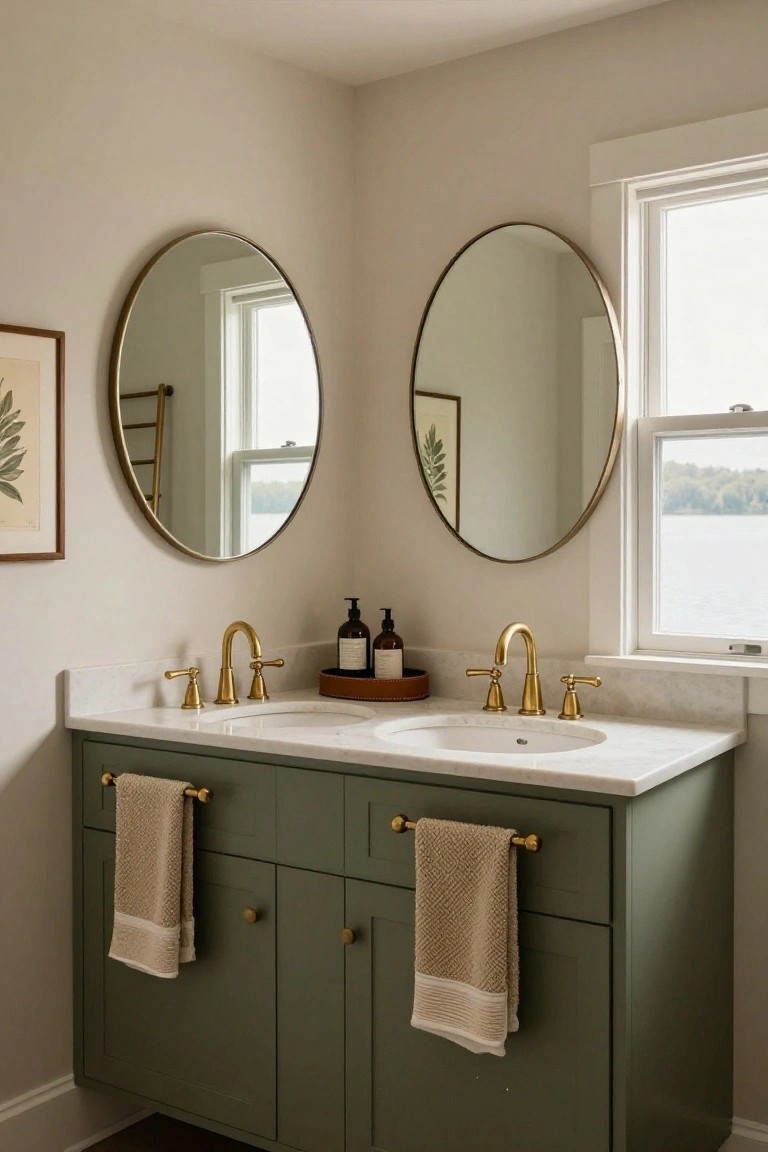 Bathroom with sage green double vanity, two round brass-framed mirrors, two white sinks with gold faucets, soap bottles on counters, beige towels, framed leaf prints, and window overlooking a lake.