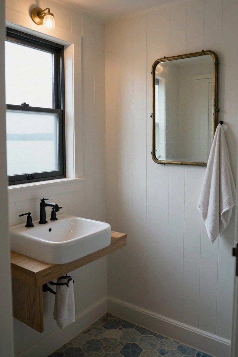 Small bathroom with white vertical shiplap walls, wall-mounted white sink on oak floating shelf with black faucet and hanging towels, brass oval mirror with draped towel, black-framed window overlooking lake, and blue-gray hexagonal floor tiles.