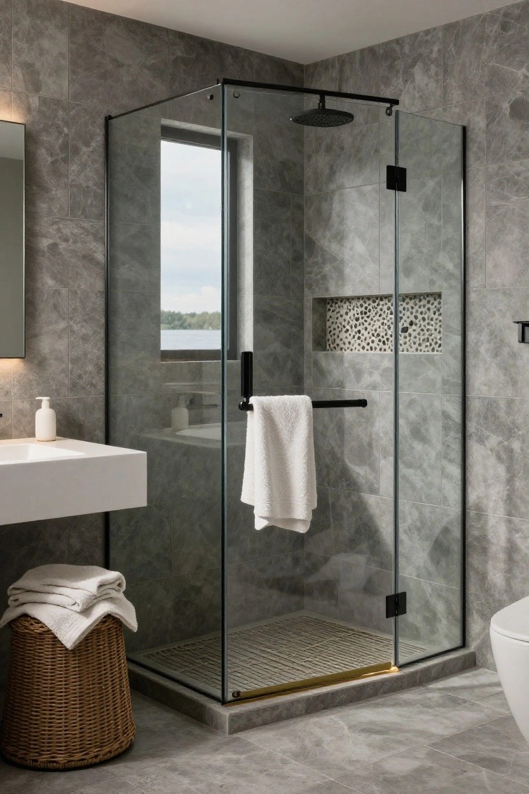 Modern gray-tiled bathroom with a frameless glass walk-in shower featuring a large window overlooking a lake, pebble-tile niche, white towels on black bar, white floating vanity, wicker basket, and white toilet.