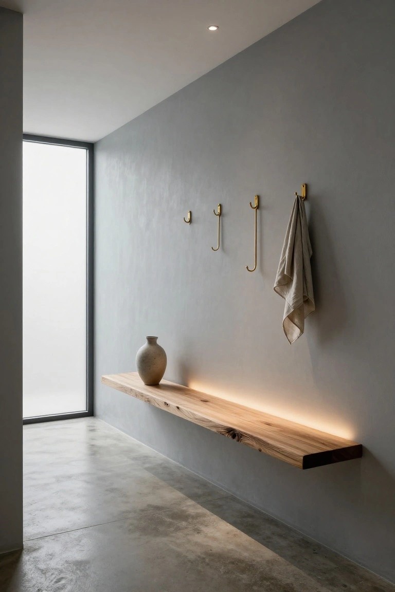 Narrow interior hallway with light gray textured walls, polished concrete floor, floating live-edge wooden shelf with LED underlighting holding a ceramic vase, several gold hooks mounted on wall including one with a draped linen towel, and a tall window with black frame.