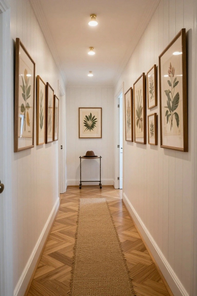 Narrow interior hallway with white shiplap walls lined by multiple framed botanical prints, a metal hat stand holding a brown hat in the center, herringbone parquet wood floors, and a long seagrass runner rug.