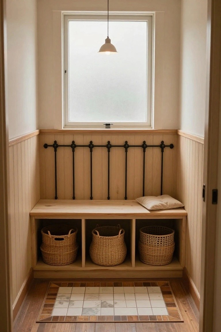 Narrow indoor hallway with light wood paneled walls, built-in wooden bench with wicker baskets in cubbies underneath, black metal hooks above, frosted window, pendant light, and wood floor with tiled rug.