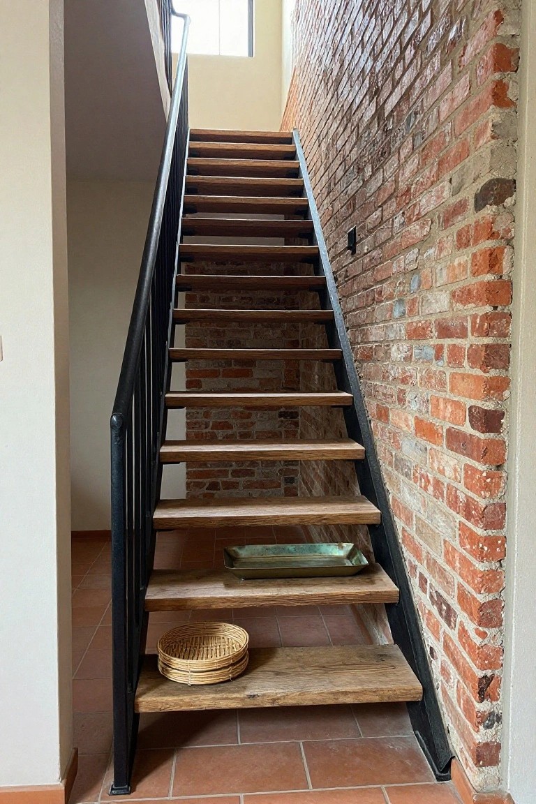 Narrow indoor staircase featuring an exposed brick wall, wooden treads, black metal railing, terracotta tile floor, and a woven basket with a metal tray on the lower steps.