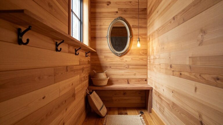 Narrow indoor hallway with vertical wood-paneled walls, oval mirror lit by a hanging bulb, black coat hooks, wooden shelf holding a woven basket, larger basket with towel on floor, open door, small window, and hardwood flooring.