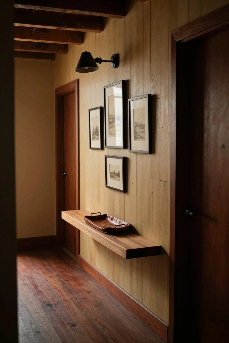 Narrow interior hallway with light wood paneled walls and ceiling beams, floating wood shelf holding a reddish leather tray, four small framed black-and-white landscape prints arranged on the wall, wooden doors on both sides, hardwood floor, and black wall lamp.