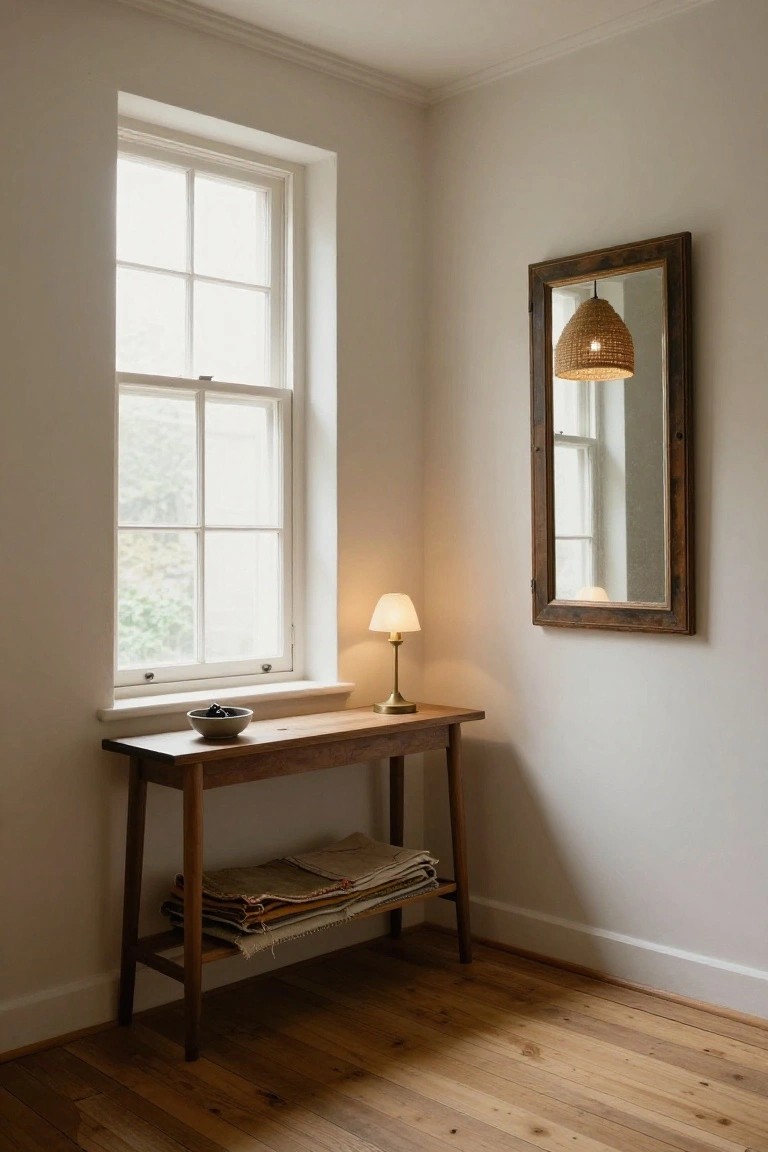 Slim wooden console table in a room corner against white walls and hardwood floors, topped with a ceramic bowl of blueberries and stacked folded fabrics, next to a small lamp and tall wood-framed mirror by a multi-pane window.