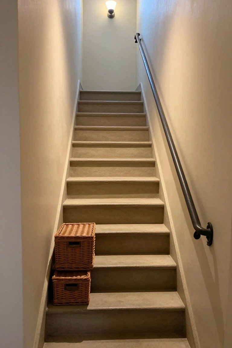 Narrow beige-carpeted staircase with black metal handrail, wall-mounted light at top, and two stacked rectangular wicker baskets at bottom left.