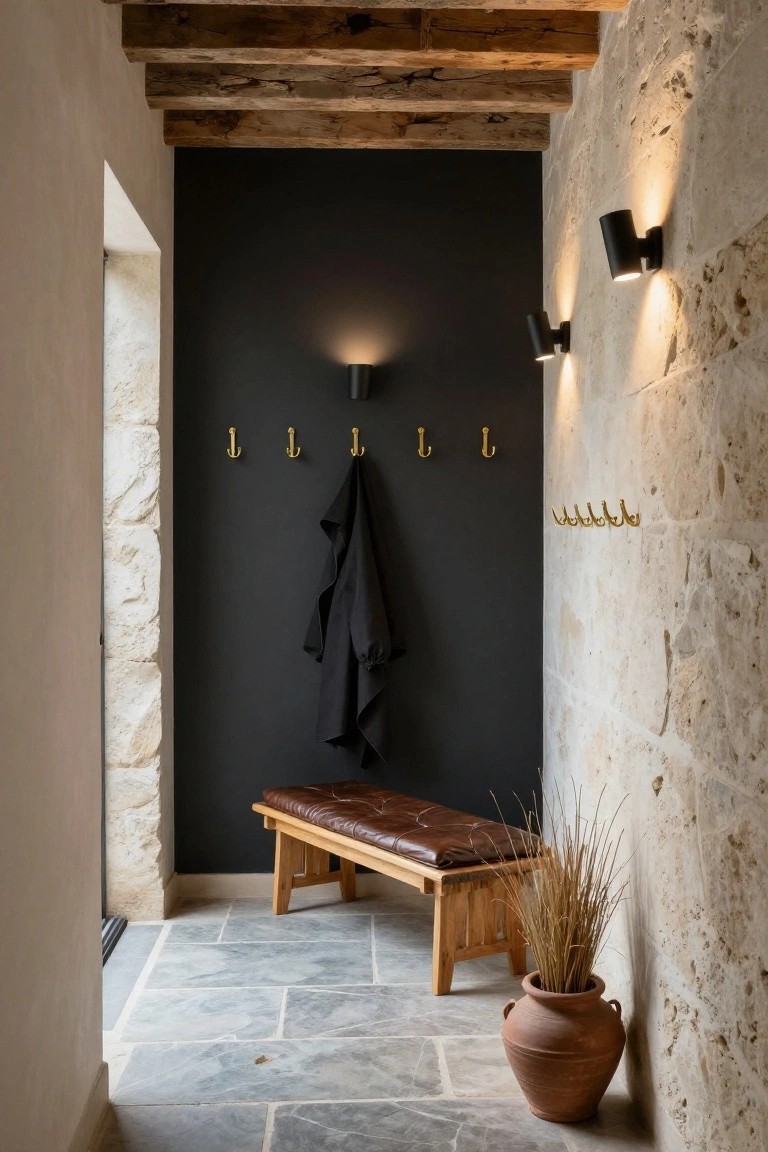 Rustic Bench and Wall Hooks for Narrow Entries