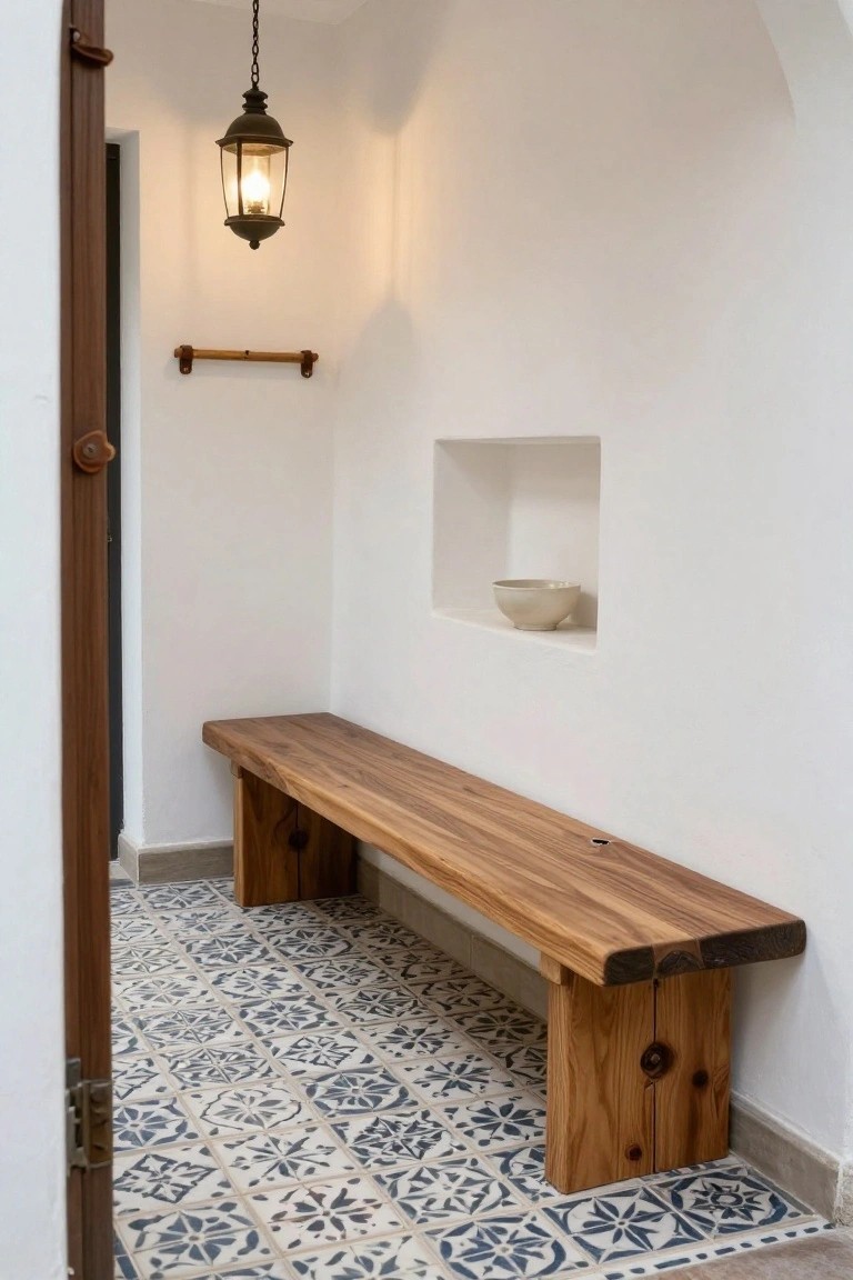 Narrow white interior hallway with dark wood bench on blue-and-white patterned tile floor, wall niche holding white bowl, hanging black lantern light, wooden towel bar, and open wooden door.
