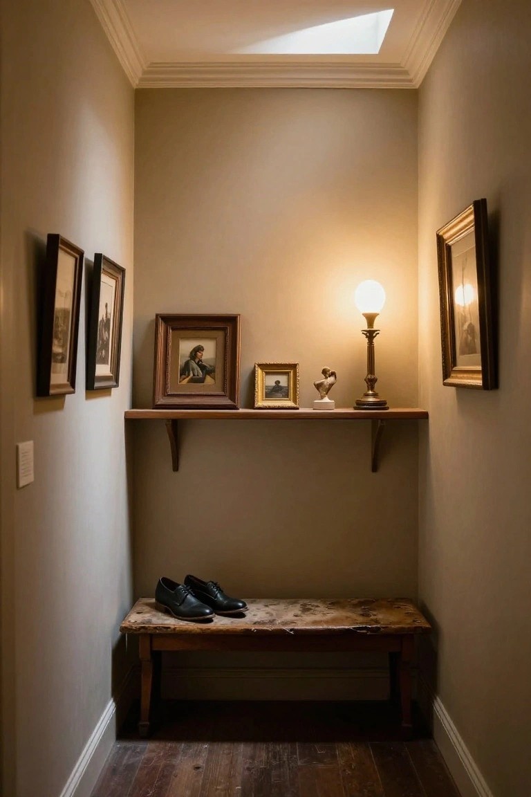 Narrow beige-walled interior alcove with wooden shelf displaying framed pictures, ceramic sculptures, and a lit lamp, rustic wooden bench holding a pair of black leather shoes, wooden flooring, and skylight above.