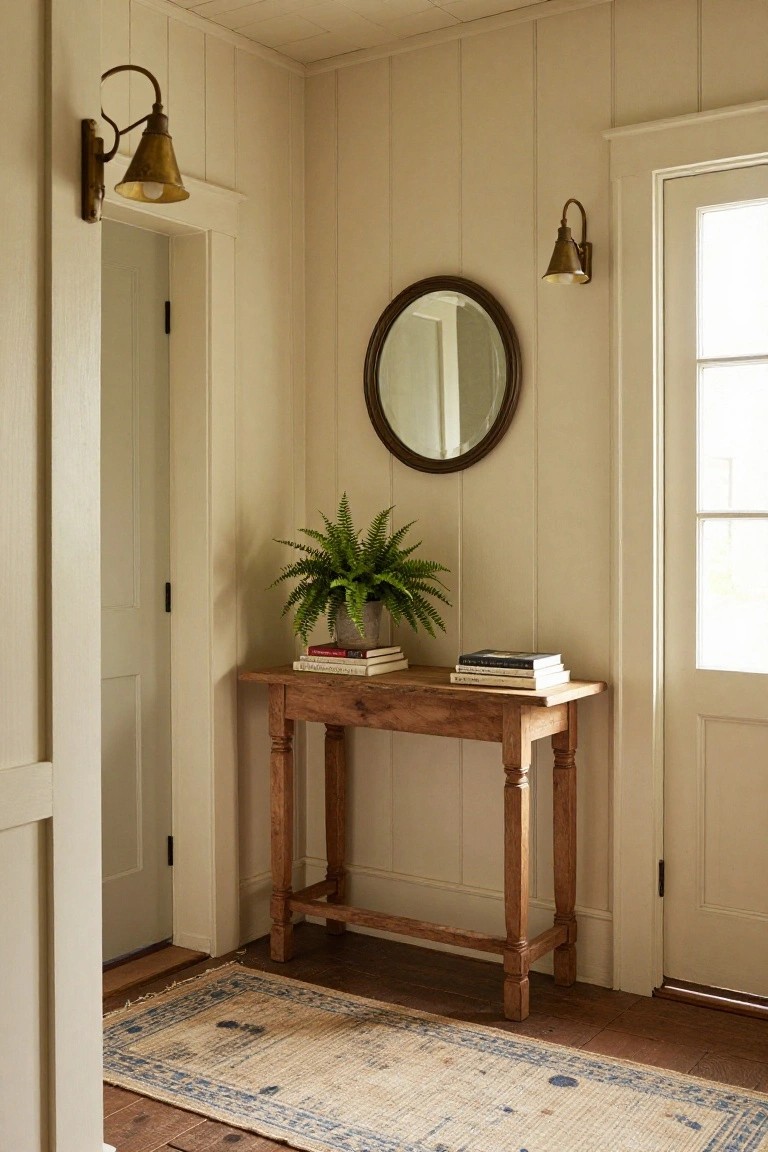 Corner of a narrow hallway with cream paneled walls, small wooden console table topped with books and potted fern plant, round wood-framed mirror, brass wall sconces, open doors, and woven rug on wood floor.