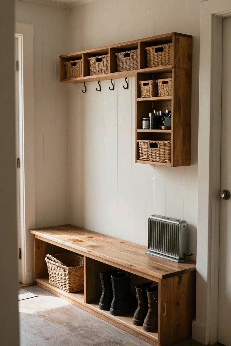 Wooden entryway bench with under-seat cubbies holding wicker baskets and tall boots, paired with overhead wall-mounted wooden shelves featuring hooks, more baskets, and small shelves with bottles in a white shiplap hallway.