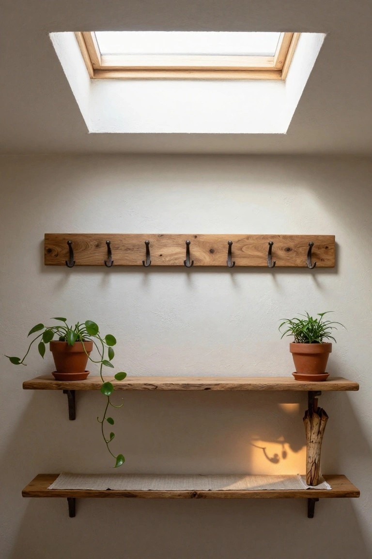 White narrow hallway with skylight overhead, wooden rail with five iron hooks mounted on wall, two floating rough wood shelves holding potted trailing plants, small plant, and wooden-handled umbrella.