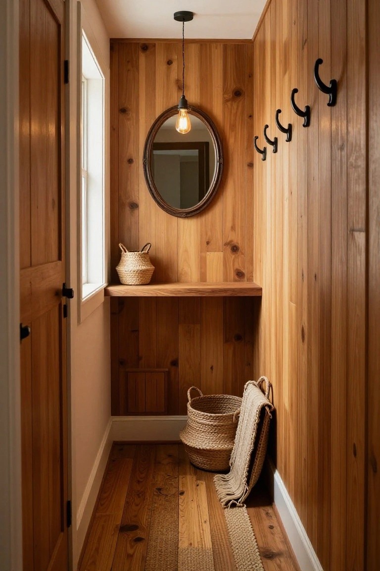 Narrow indoor hallway with vertical wood-paneled walls, oval mirror lit by a hanging bulb, black coat hooks, wooden shelf holding a woven basket, larger basket with towel on floor, open door, small window, and hardwood flooring.