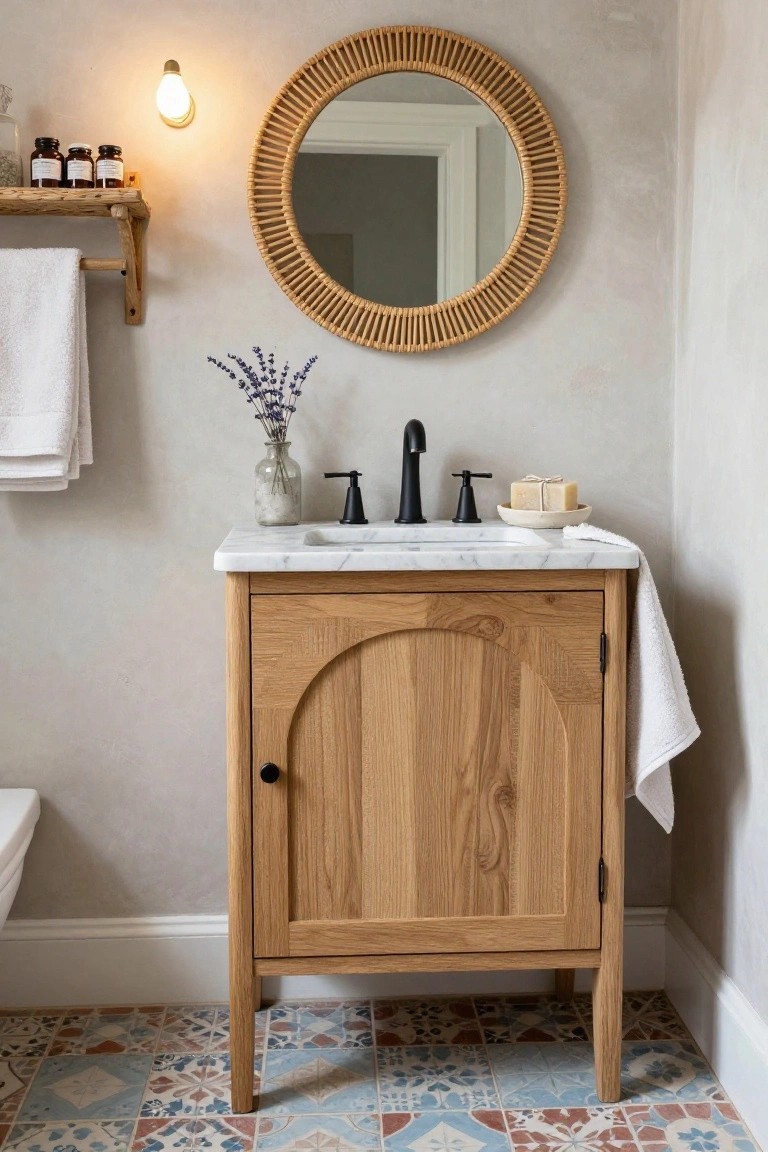 Bathroom corner with oak wood vanity featuring arched doors and white marble sink top, black faucet, rattan round mirror on plaster wall, lavender stems in glass vase, and colorful patterned tile floor.