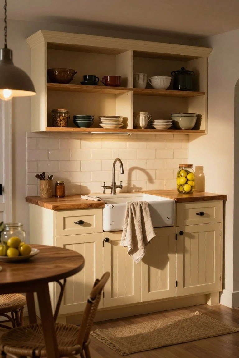 A kitchen interior with creamy cabinets, wooden butcher block countertop, white farmhouse sink draped with a towel, white subway tile backsplash, open wooden shelves holding pottery and jars, and a round wooden table with rattan chairs in the foreground.