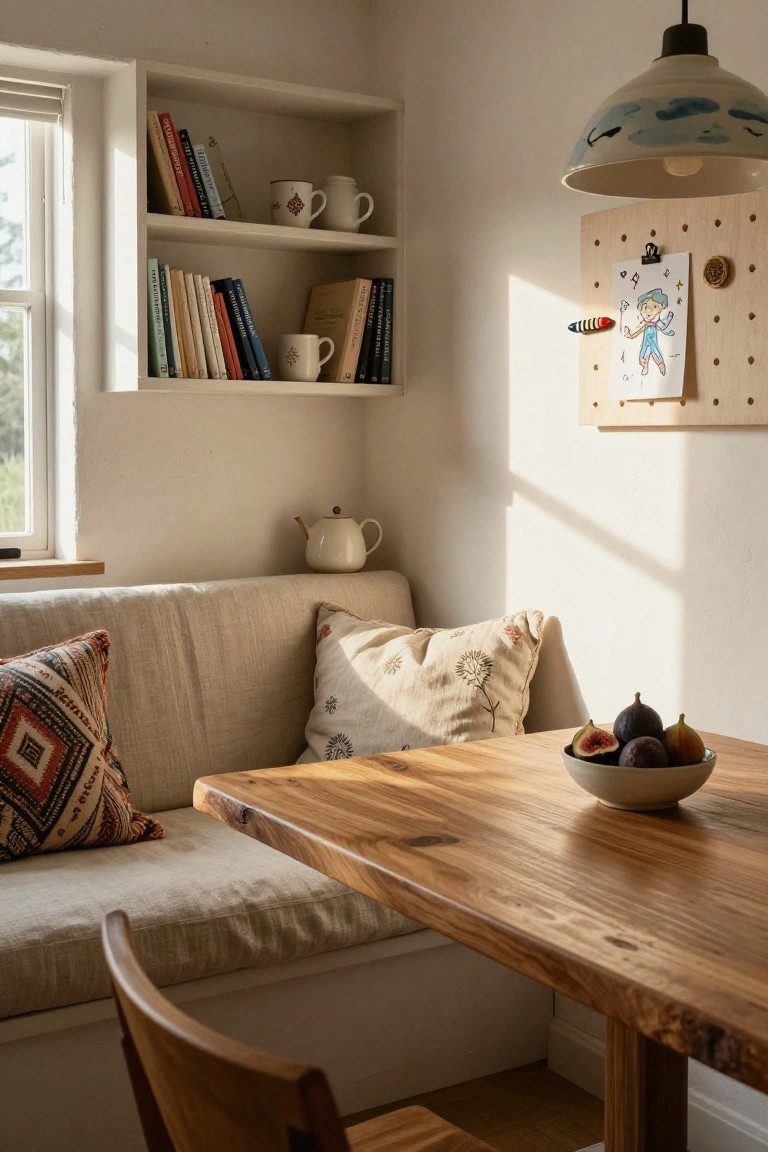 Sunlit kitchen corner with beige built-in bench seat, wooden table holding a white bowl of figs, patterned pillows, bookshelves stocked with books and teacups, a teapot, and a corkboard with children's artwork pinned up.